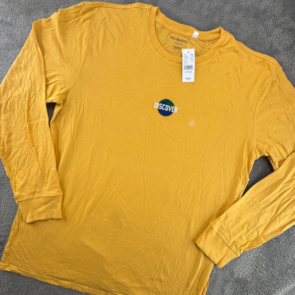 PS Basics PacSun Mens L Discover Globe‎ Graphic Long Sleeve T-Shirt Gold Yellow